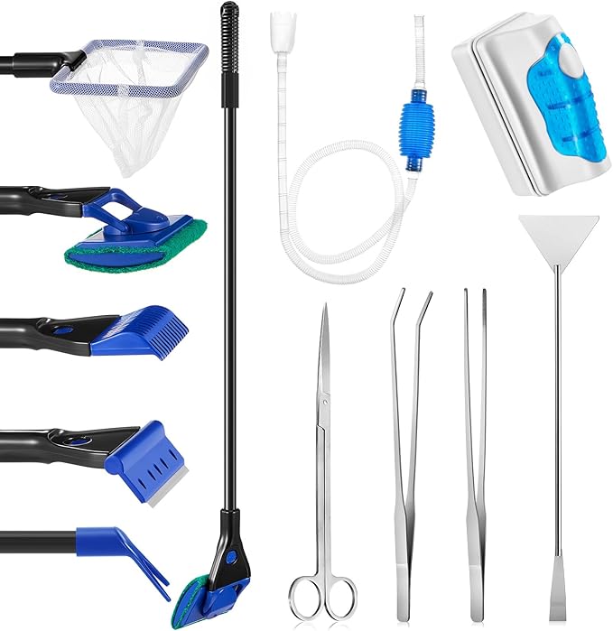 Aquarium Fish Tank Cleaning Tool Kit Include 4 Pcs Long Aquascape Tools Kit 1 Pcs Magnetic Glass Cleaner Brush 5 in 1 Fish Tank Gravel Cleaner and Siphon Vacuum for Terrarium Fish Tank Set-PawvioPets