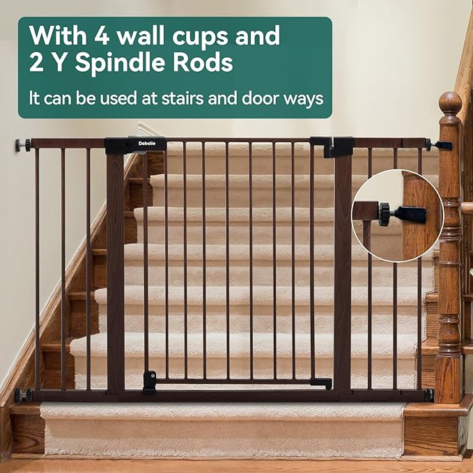 BABELIO Baby Gate with Black Wood Pattern, 29-48 Inch Auto Close Dog Gate for The House, Stairs and Doorways, Pressure Mounted Pet Gate with Door and Y Spindle Rods-PawvioPets