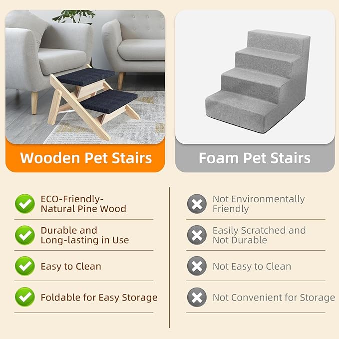 Dog Stairs/Ramp for Bed, Wooden Convertible Pet Steps, Portable Dog Ladder Up to 180 Pound for Elderly/Short-Legged Dogs, 2 Steps for Beds, Couch, Cars-PawvioPets