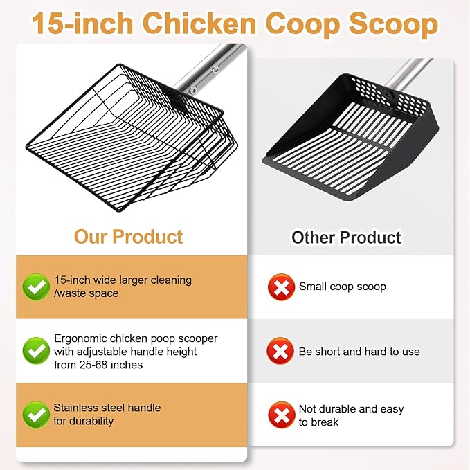 15" Chicken Poop Scooper & Rake, Metal Chicken Coop Scoop for Poop with 24 to 68" Adjustable Stainless Steel Handle, Litter Scooper Sifting Shovel Chicken Coop Accessories-PawvioPets