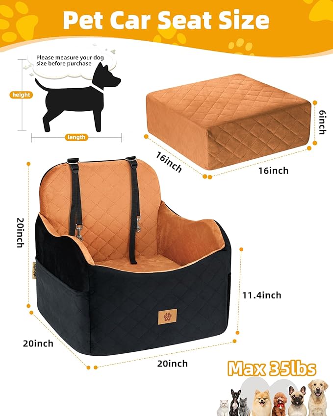 Car Seat Booster for Dog: High-Support Memory Foam Pet Car Seat for Small/Medium Dogs Under 35lbs with Elevated Cushion,Pockets - Detachable Washable Puppy Travel Bed for Driving(Black/Brown)-PawvioPets
