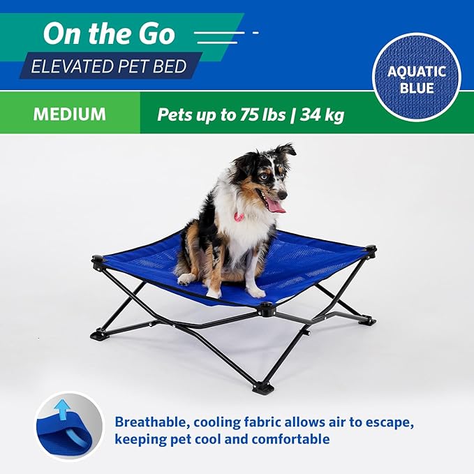 Coolaroo On-The-Go Elevated Dog Bed - Foldable Pop-Up Travel Dog Bed with Breathable, Moisture-Resistant Fabric, Carry Bag Included, Lightweight & Portable, Aquatic Blue, Medium-PawvioPets