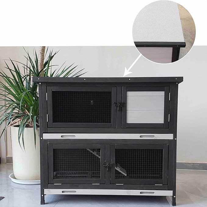 Double Level Solid Wood Rabbit Hutch Small Animal Cage for Rabbits, Guinea Pigs, Hedgehogs & Lizards Indoor/Outdoor– 2-Tier Eco-Friendly Habitat with Bedding Area, Durable & Easy to Clean-PawvioPets