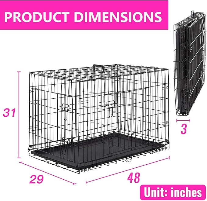 FDW Dog Crate for Large Dogs 48 Inch Folding Metal WirePet Cage Double Door W/Divider Panel Indoor Outdoor Kennel Leak-Proof Plastic Tray,Black-PawvioPets
