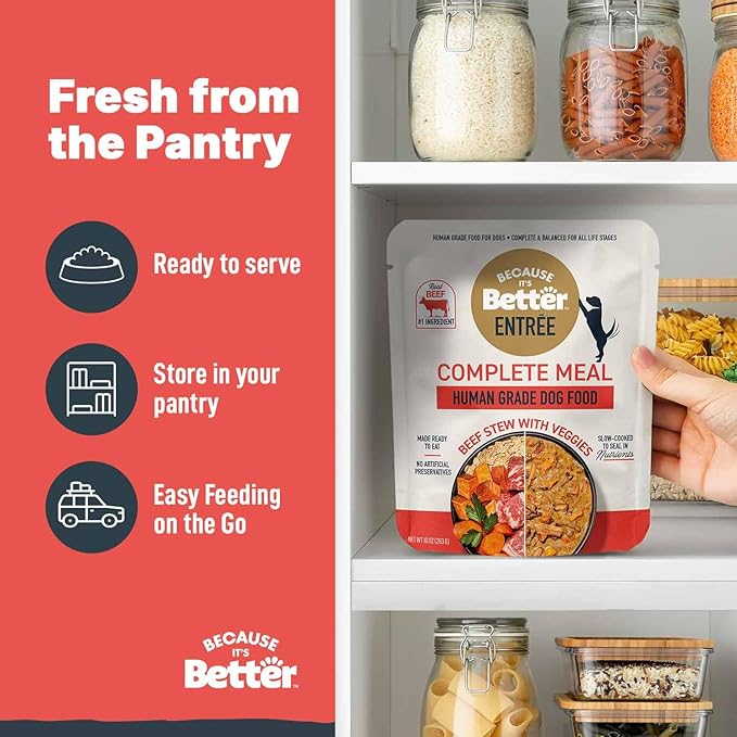 Because it's Better Entrée Complete Meal, Beef Stew with Veggies, Human Grade Wet Dog Food, 10 oz Pouches, 6 Count-PawvioPets