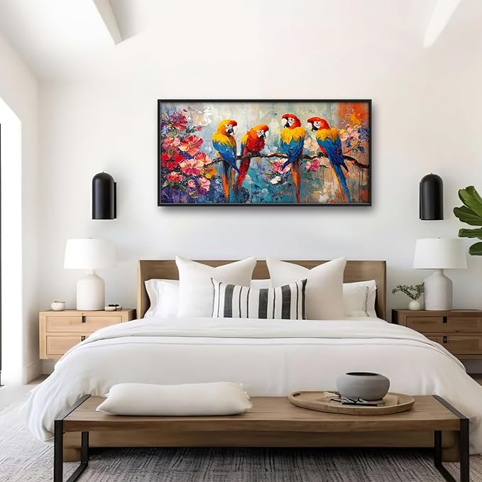 Extra Large Framed Parrot Bird Wall Art,Oversized Abstract Colorful Parrots Flower Wall Decor Pictures for Living Room,Canvas Print Painting Modern Artwork Bedroom Office Bathroom Home Decor 60L x30W-PawvioPets