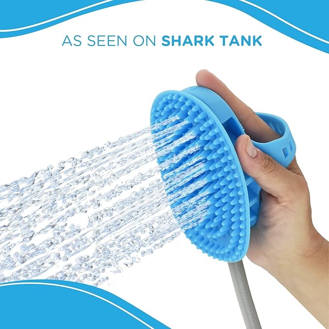 Aquapaw 5-in-1 Horse & Dog Bath Brush & Curry Comb - XL Blue Silicone - Includes 3-ft Shower Hose Attachment & Adapter - Adjustable Spray Scrub Massager - Dog Grooming Supplies-PawvioPets