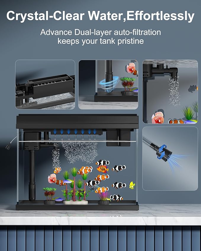 Fish Tank Aquarium Kit, 2.38 Gallon Beta Fish Aquariums, UHD Glass,Temperature Sensing, 7-Color Lighting Small Fish Tank for Kids/Desktop Decor-PawvioPets