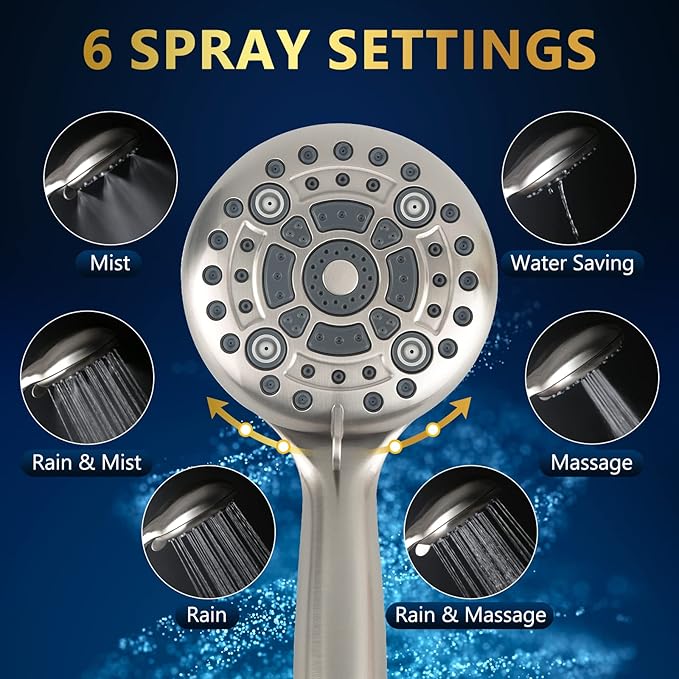 DAKDAKINGS 6 Spray Modes High Pressure Handheld Showerhead Set Upgraded 5 Inches Shower Head with Handheld Spray Brushed Nickel Handheld Shower Head 60 Inches Stainless Steel Hose-1-Min Install-PawvioPets