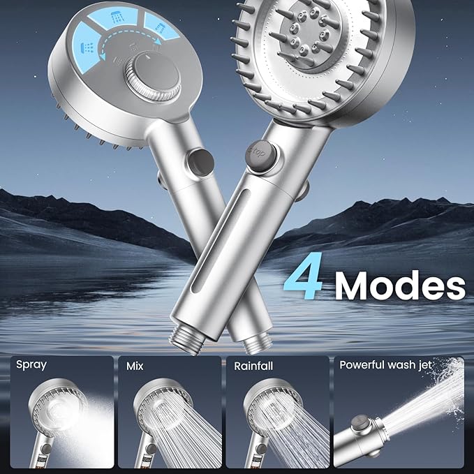 Filtered Shower Head with Handheld, High Pressure 4 Spray Mode Showerhead with Filters, Water Softener Beads for Hard Water with ON/OFF Switch for Pets - Remove Chlorine (Silver, 5 inch Panel)-PawvioPets
