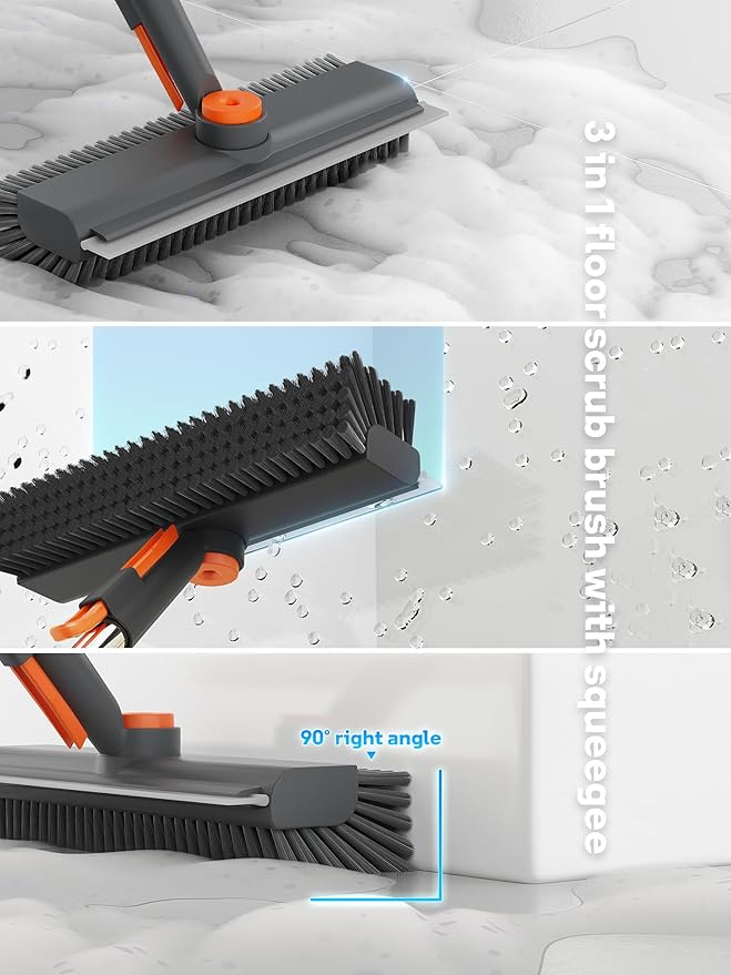 Floor Scrub Brush with Long Handle, 3 in 1 Multi-angle Swivel Right Angled Bristle Floor Scrubber Brush with Squeegee and Tweezer for Cleaning Tile Wall Deck Bathroom Patio Garage Kitchen (Grey)-PawvioPets