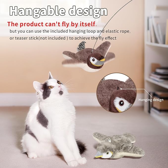 2 PCS Cat Toys, Flapping Bird Cat Toy(No Flying), Interactive Catnip Toy with Catnip Bags, Chirping Noise Moving Wings Dog Cat Kitten Toys, Flappy Flying Pets Toy for Indoor(Brown&Gray Sparrow)-PawvioPets