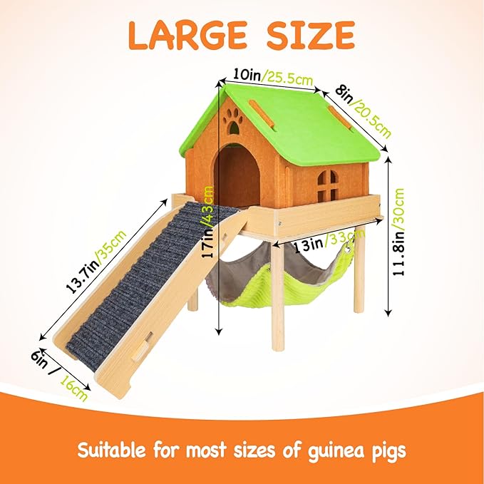 3 in 1 Enlarged Guinea Pig Hammock with House & Platform,Wooden Guinea Pig Hideout with Hammock & Stairs Small Animal Toys for Hiding Sleeping Activities-PawvioPets