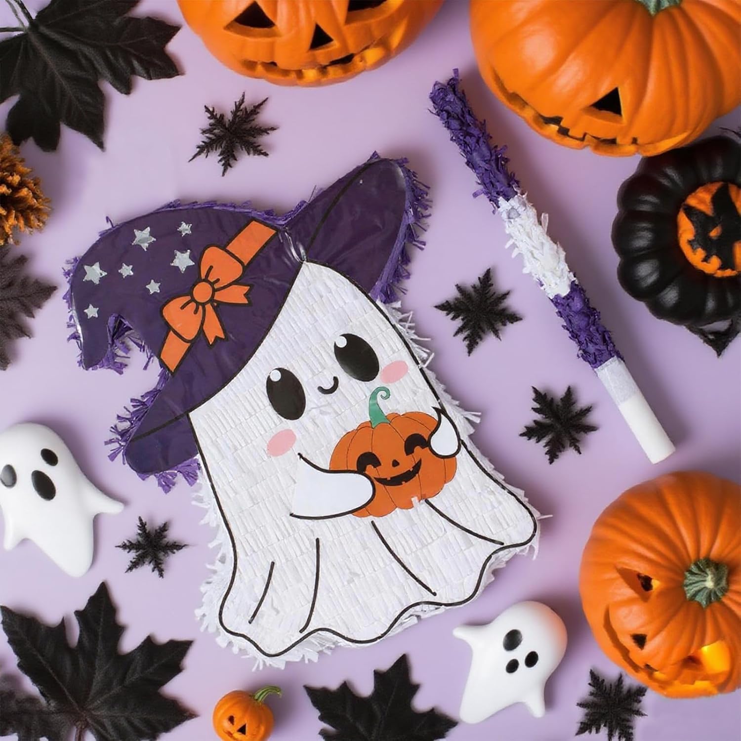 Halloween Ghost Pinatas Bundle with a Blindfold and Bat (16.5x13.1x4 Inches), Perfect for Birthday Parties Games and Decoration, Halloween Party Cute Ghost Pinata