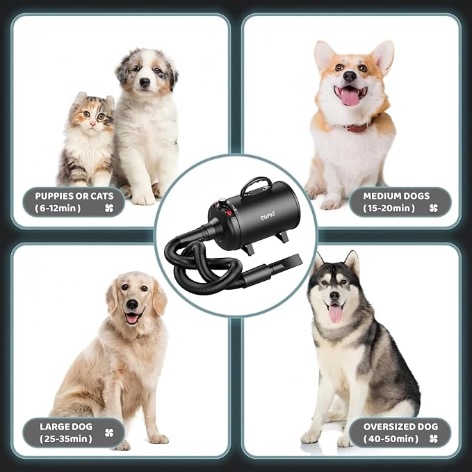 Dog-Hair-Dryer, 5.2HP/ 3800W High Velocity Pet Blow Dryer with Heater for Grooming, Speed Temperature Adjustable Dog Blower Grooming Dryer with 4 Nozzles-PawvioPets