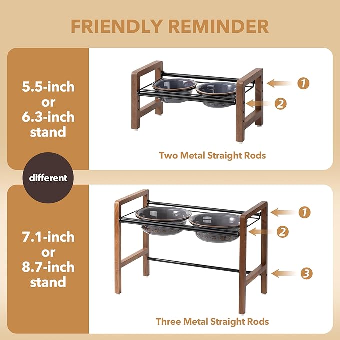 6.3inch Ceramic Adjustable Raised Double Bowls Set with Stand, 3 Heights Elevated, 2 Placement Options,Food and Water Bowls for Adult Cat Small and Medium Dog(Reactived Glaze -Grey)-PawvioPets