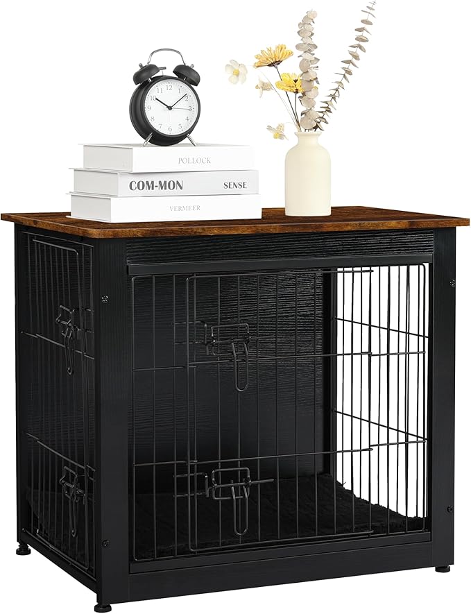 DWANTON Dog Crate Furniture with Cushion, Wooden Kennel Table with Double Doors, Indoor Dog House, Small/Medium/Large Size, 27.2" L, Black+Rustic Brown-PawvioPets