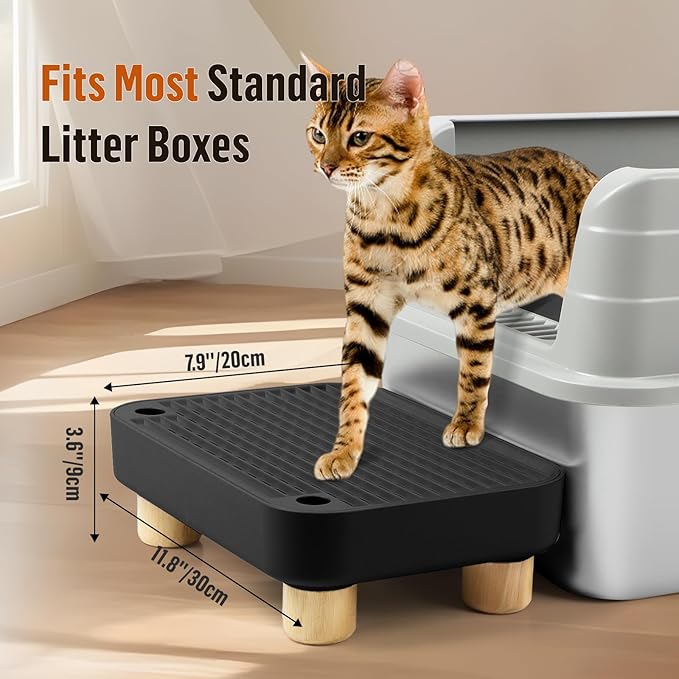 Cat Litter Box Step Ramp, Cat Litter Catcher Mat with Wooden Feet, Filter Function, Cat Pedal Stool for Self-Cleaning Cat Litter Box, Ideal for Kitten & Elderly Cats (Black)-PawvioPets