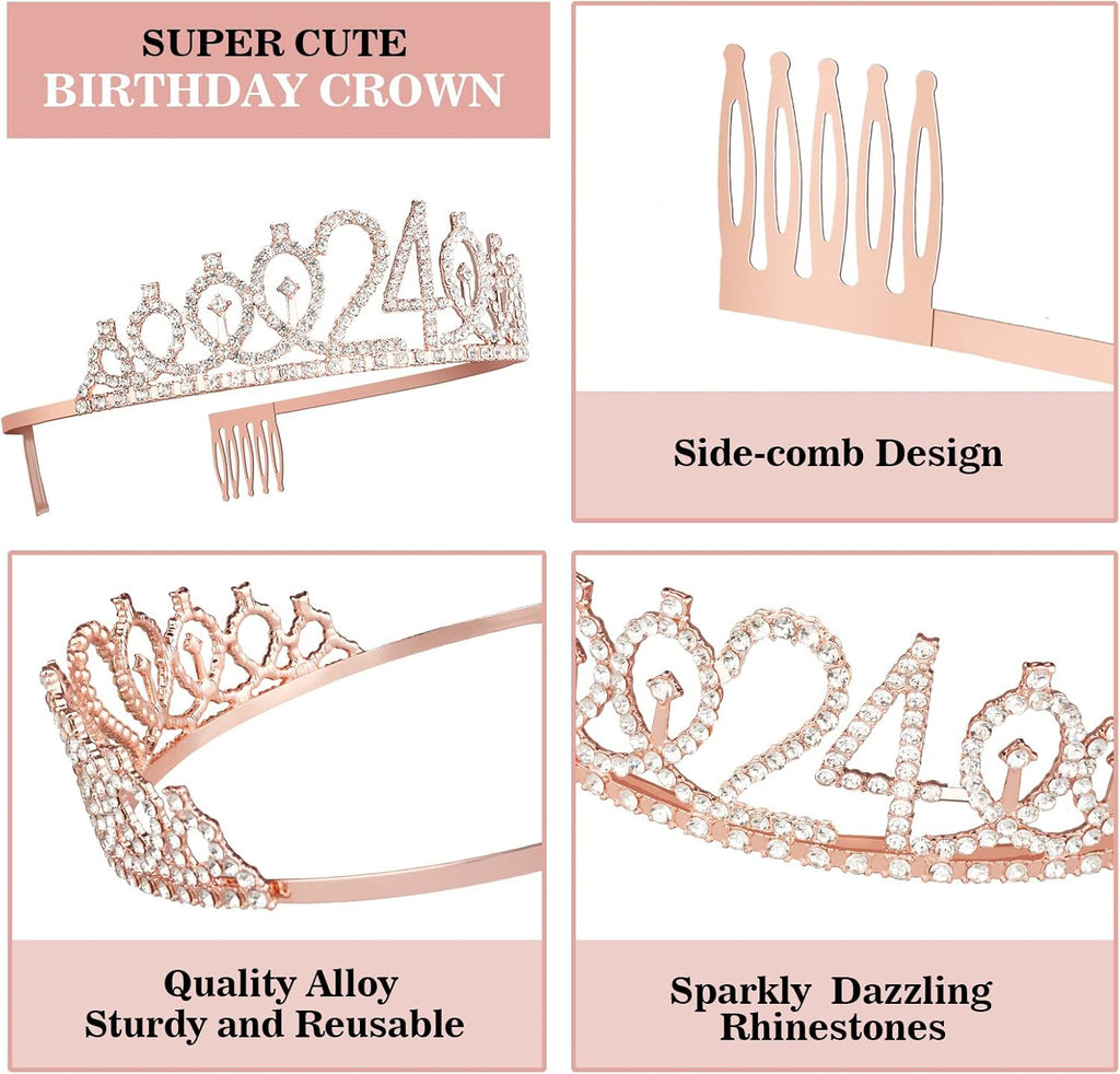 24th Birthday Decorations for Women Including Birthday Sash, Tiara/Crown, Numeral Candles and Cake Topper, 24 Year Old Gifts for Women, Rose Gold Party Decor Supplies