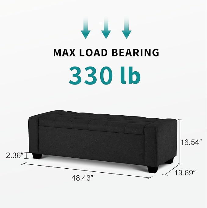 48" Ottoman with Storage, Black Storage Ottoman Bench with Safety Hinge, Upholstered Entryway Bench with Seating for Bedroom, Living Room, Holds up to 330 lb-PawvioPets