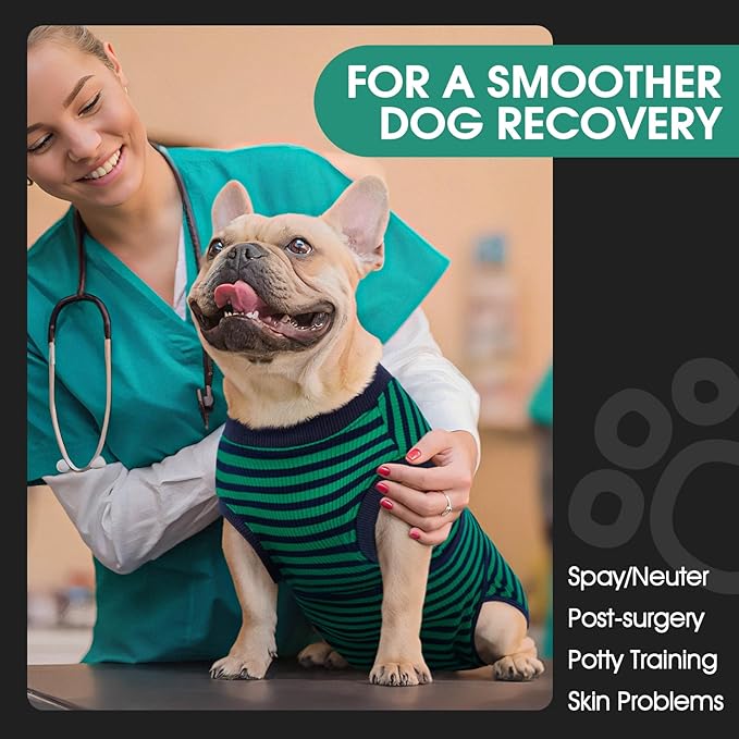 FUAMEY Recovery Suit for Dogs After Surgery,Soft Breathable Dog Bodysuit E-Collar & Cone Alternative Surgical Suit,Male Female Dog Neuter Spay Suits Anti Licking Wounds Onesie Green Black Stripes M-PawvioPets
