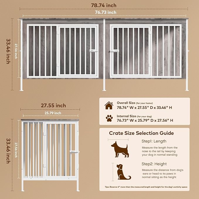 78 Inch Dog Cage Furniture for 2 Large/Medium Dogs with Removable Divider, Extra Large Double Doors Dog Kennel, XXL Thick Wooden Dog cage Furniture, Durable and Sturdy, Beige-PawvioPets