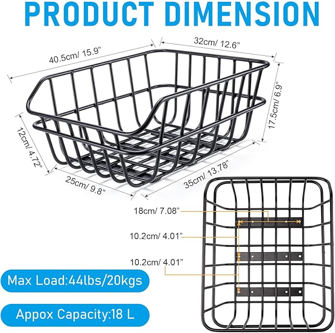 CXWXC Rear Bike Basket - Bicycle Rear Basket with Cargo Net and Waterproof Cover - Rear Mount Aluminium Bike Basket Large Capacity-PawvioPets