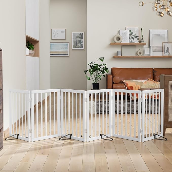 Dog Gates for Doorways Extra Wide 110inches (9ft), Wooden Freestanding Pet Gates for Dogs with 4 Support Stands, Foldable Gates for Dogs Indoor-PawvioPets