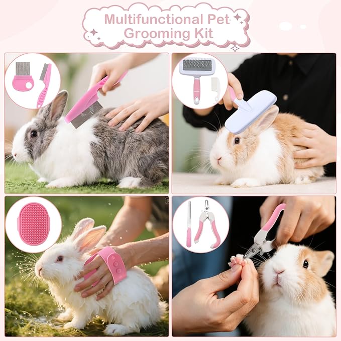25 Pcs Large Rabbit Starter Kit, Bunny Litter Box with Drawer Animal Grooming Kit Stacking Cups Bowl Blankets Mat with Cleaning Set for Adult Guinea Pig, Ferret, Hamster, Bunnies Accessories (Pink)-PawvioPets