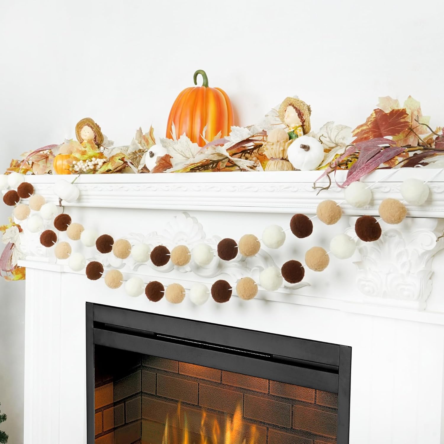 TBD Decor 2pk Pom Pom Garland 13FT Colorful Large Felt Ball Garland Fall Decoration for Mantle,Indoor Holiday Wedding Birthday Party Supplies(White Brown,4cm)