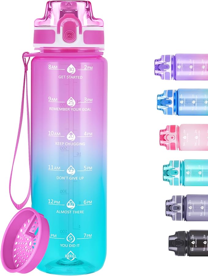 32oz Motivational Water Bottles with Time Marker & Fruit Strainer, Transparent Gradient Color Water Bottle with Times to Drink, Leakproof & BPA Free, Reusable Bottle with Strap (No Straw)-PawvioPets