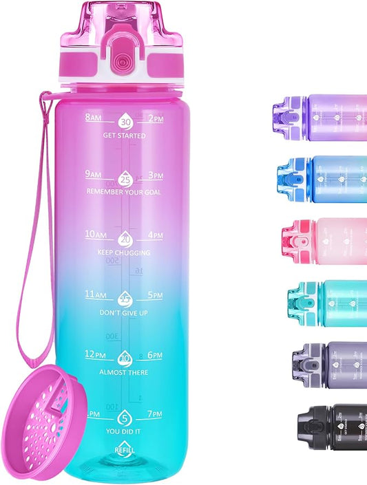 32oz Motivational Water Bottles with Time Marker & Fruit Strainer, Transparent Gradient Color Water Bottle with Times to Drink, Leakproof & BPA Free, Reusable Bottle with Strap (No Straw)-PawvioPets