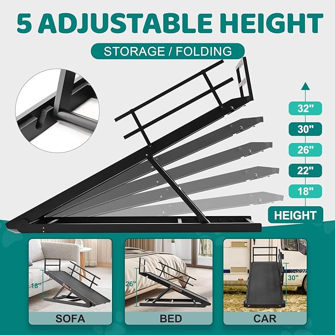 Dog Ramp for Bed, Adjustable Pet Ramps for Dog to Get on Bed, Non-Slip Rubber Surface - Folding Wooden Dog Ramp for Small/Large/Old Dogs, Adjustable up to 31 inch High Beds, Safety Railings-PawvioPets