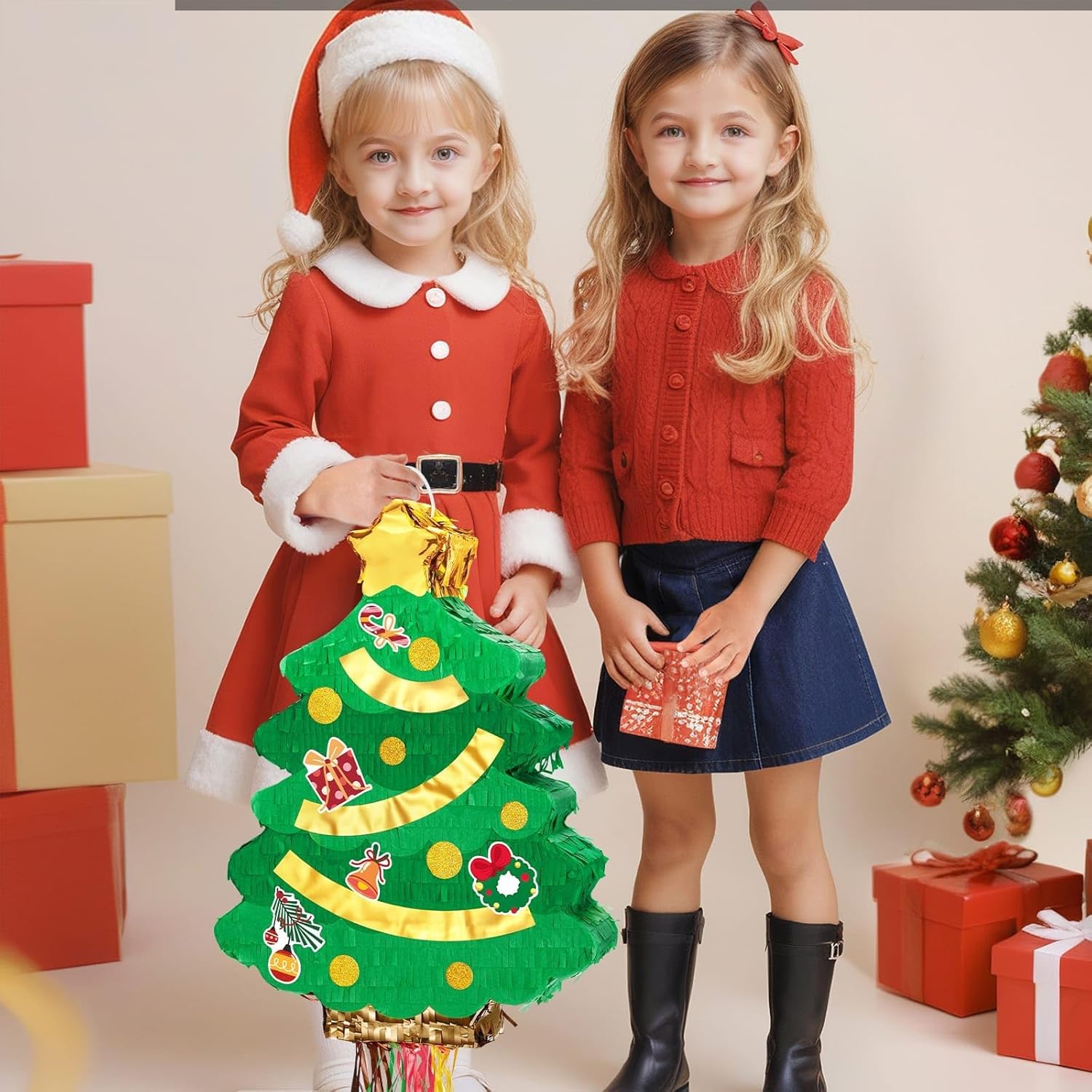 WERNNSAI Christmas Tree Pinata - Christmas Decorations XmasTree Party Game for Kids Festival Party Decor Supply Green Tree Design Merry Xmas Favor Pull String with Blindfold Bat 16.5” x 12.4”