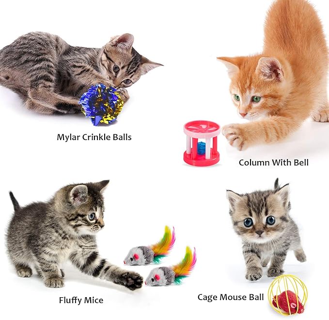 AILUKI 35 PCS Cat Toys Kitten Toys Assortments,Variety Catnip Toy Set Including 2 Way Tunnel,Cat Feather Teaser,Catnip Fish,Mice,Colorful Balls and Bells for Cat,Puppy,Kitty-PawvioPets