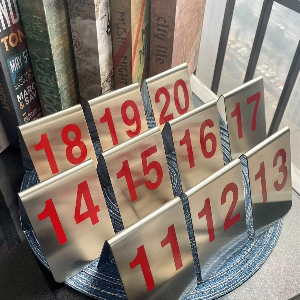 Metal Place Cards Stackable Tent Style Table Numbers,Place Card Holders for TRPG Wedding Party Restaurants Cafes Bars Gatherings Meeting Room Board Games (Red, Large 11-20)