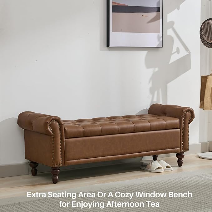 58.1'' Storage Bench Upholstered PU Leather End of Bedroom Bed Bench Ottoman with Tufted Cushioned Rolled Arm Large Storage Space for Reading Living Room Entryway, Brown-PawvioPets