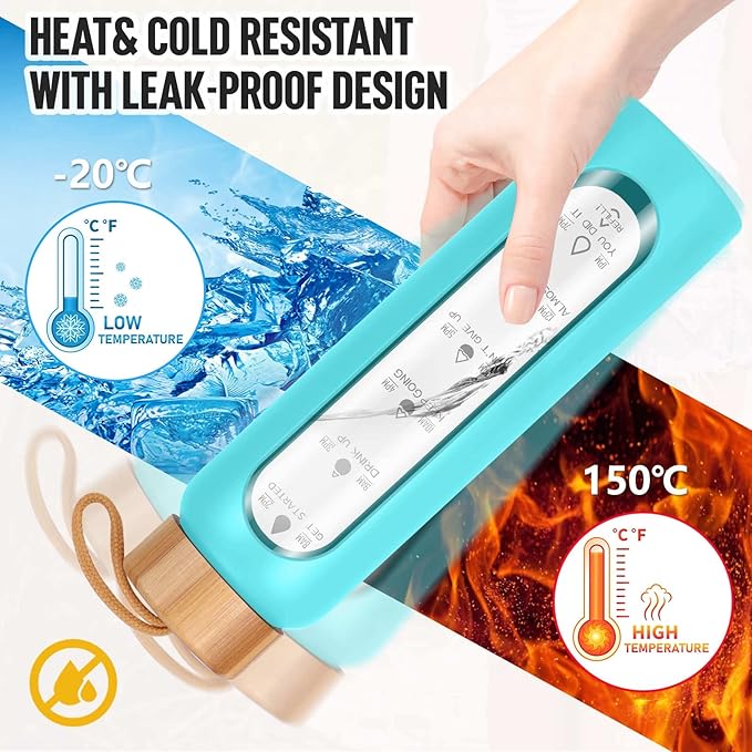 Aqulea Glass Water Bottles 32 Oz with Silicone Sleeve - BPA Free Reusable Wide Mouth Glass Motivational Water Bottles with Fruit Infuser – Leak Proof Borosilicate Water Bottle with Time Marker (Teal)-PawvioPets