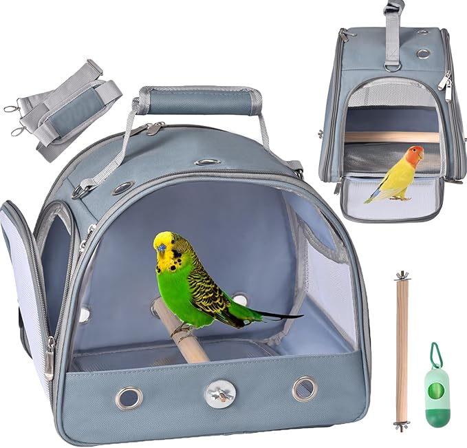 Bird Carrier Travel Cage with Stand (with Tray), Small Bird Travel Carrier for Parrot, Small Bird Cage for Travel Parakeet Carrier with Shoulder Strap, Side Access Window (Blue)-PawvioPets