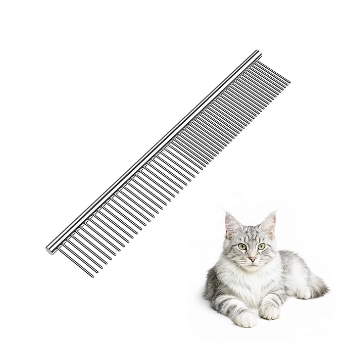 Dog Comb and Cat Combs Stainless Steel Teeth, Grooming Tool for Long & Short Hair, Dematting Comb for Dogs, Removes Tangles & Knots (Small Silver)-PawvioPets