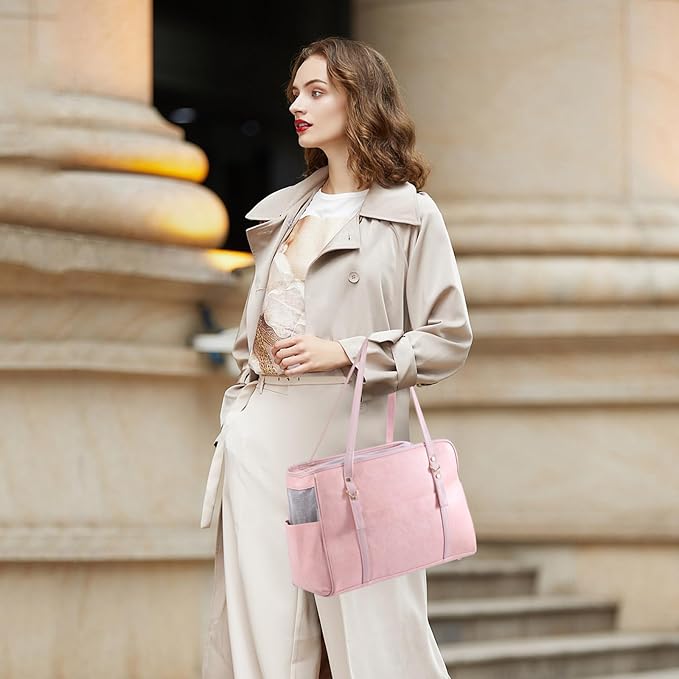 Dog Carrier Purse, Fashion Leather Pet Carrier with Pockets, Airline Approved Soft Sided Dog Carrying Bag for Puppy Cat Dog Pink-PawvioPets