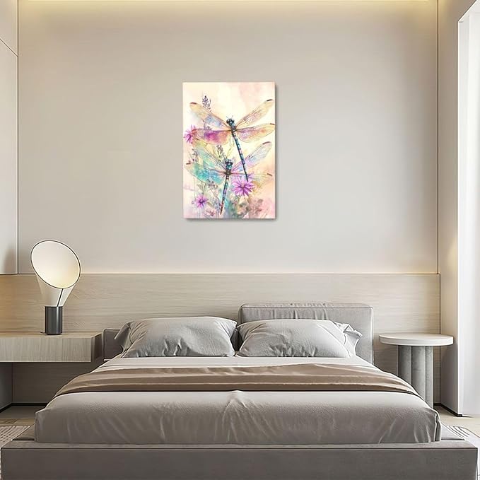 Dragonfly Bathroom Pictures Wall Art, Floral Bathroom Wall Decor, Framed Painting Canvas Artwork for Bedroom Living Room Decorations 24"L x 16"W-PawvioPets