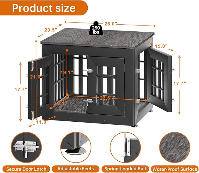 26" Heavy Duty Dog Crate Furniture for Small,Medium and Large Dogs,Rustic Wooden Dog Cage Kennel Indoor Furniture with Waterproof Top,Decorative Pet House Side End Table (Black & Grey)-PawvioPets