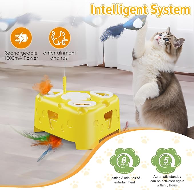 3-in-1 Interactive Cat Toy for Indoor Cats,Automatic Kitten Toys,Flying Bird,6 Holes Mole,Rotating Feather, USB Rechargeable Electronic Interactive Feather Toy for Bored Adult & Kitten Cats-PawvioPets