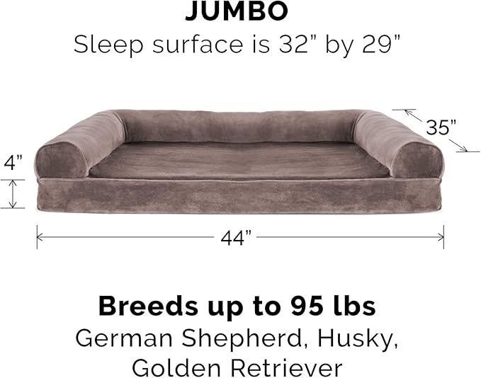 Furhaven Orthopedic Dog Bed for Large Dogs w/ Removable Bolsters & Washable Cover, For Dogs Up to 95 lbs - Faux Fur & Velvet Sofa - Driftwood Brown, Jumbo/XL-PawvioPets