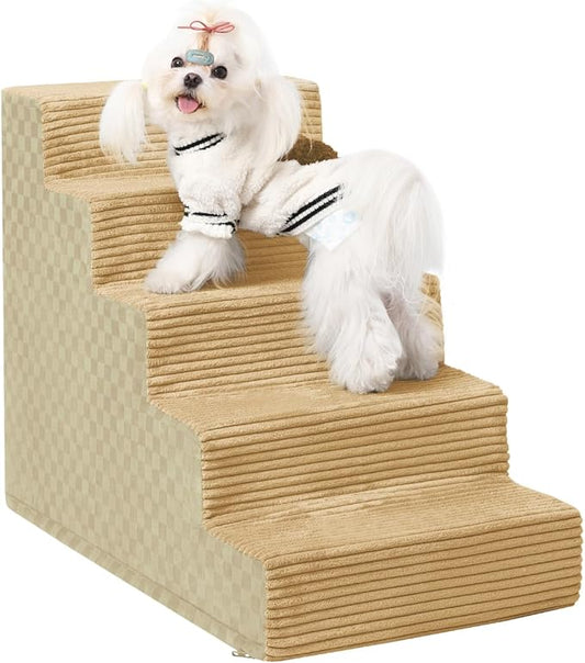 Dog Stairs for Small Dogs,22" H,5-Step Dog Steps for Bed and Couch with High Density Foam,Non-Slip Pet Steps for Doggy and Cat,Pet Stairs with a Washable Cover,Khaki-PawvioPets