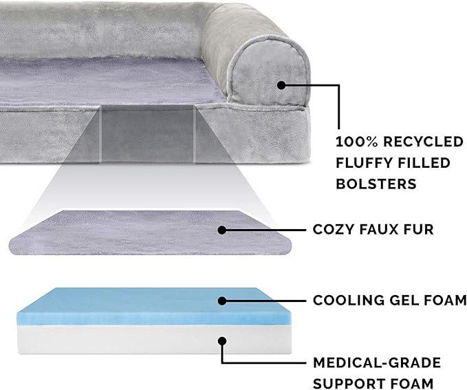 Furhaven Cooling Gel Dog Bed for Large/Medium Dogs w/ Removable Bolsters & Washable Cover, For Dogs Up to 55 lbs - Faux Fur & Velvet Sofa - Smoke Gray, Large-PawvioPets