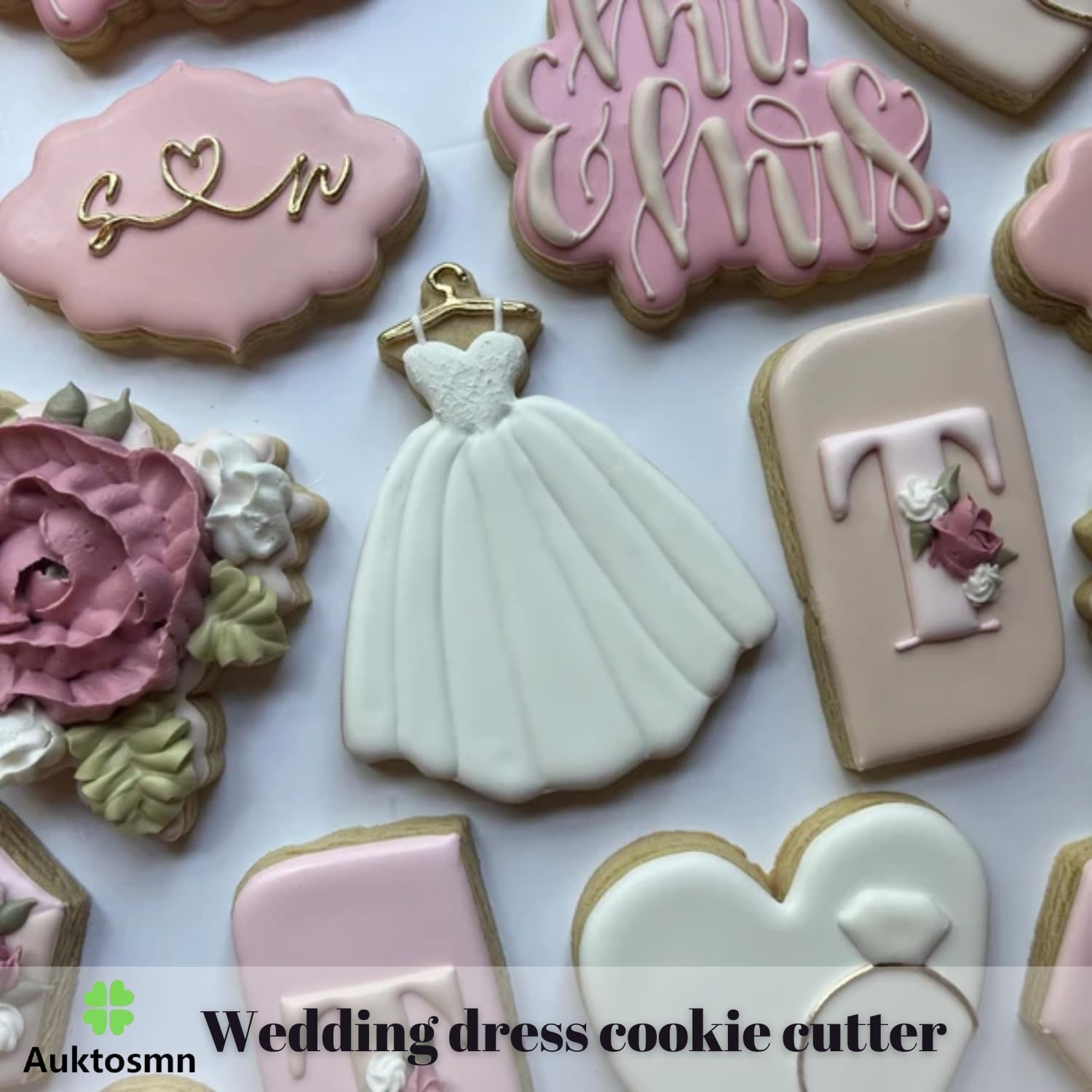 New Green Wedding Cookie Cutter Set-3 Pieces-Wedding Dress, Diamond Ring, Hexagon Cookie Cutter with Leaf-Dishwasher Safe Fondant Cookie Cutters
