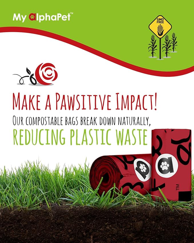 Compostable Dog Poop Bags, Cornstarch Eco-Friendly, HOME COMPOST NF T 51-800, 120 Count, Large Size Bag 9x13 Inches, 8 Unscented Refill Rolls, Leak-proof, Plantbased, GM-Free Corn (Red)-PawvioPets