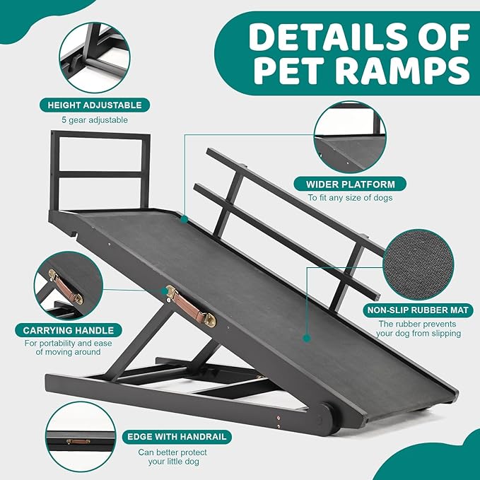 Dog Ramp for Bed, Adjustable Pet Ramps for Dog to Get on Bed, Non-Slip Rubber Surface - Folding Wooden Dog Ramp for Small/Large/Old Dogs, Adjustable up to 27.5 inch High Beds, Safety Railings-PawvioPets